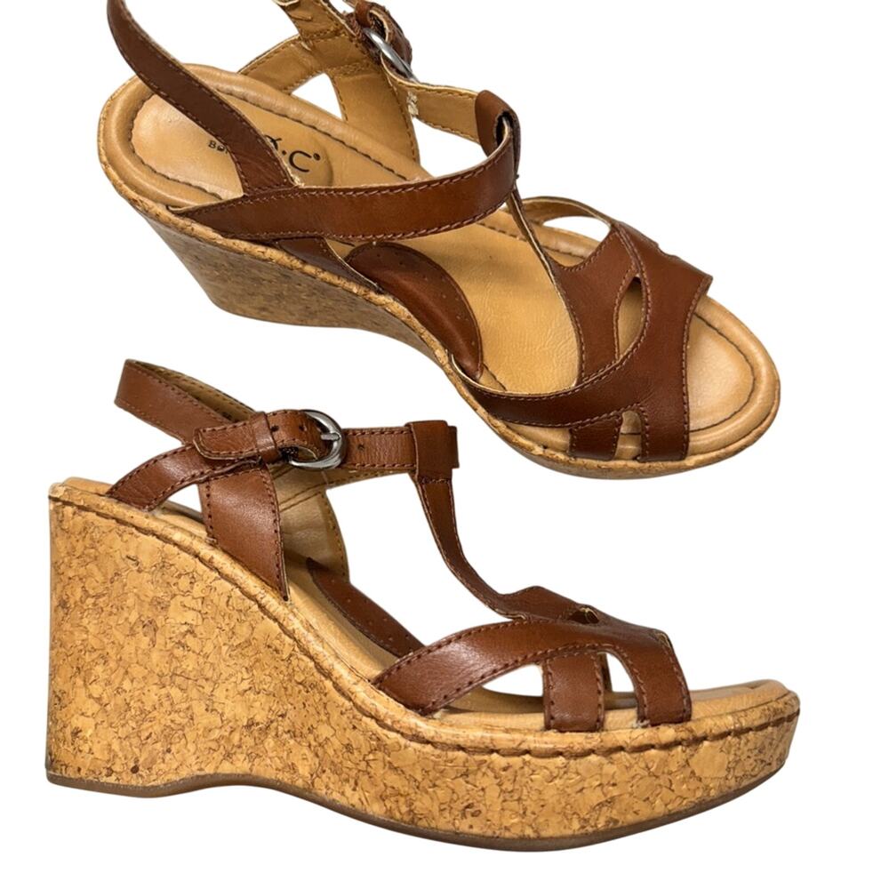 B.O.C. Brown Leather Strappy Cork Wedge Sandals Womens 6 Beachy Strappy Heels